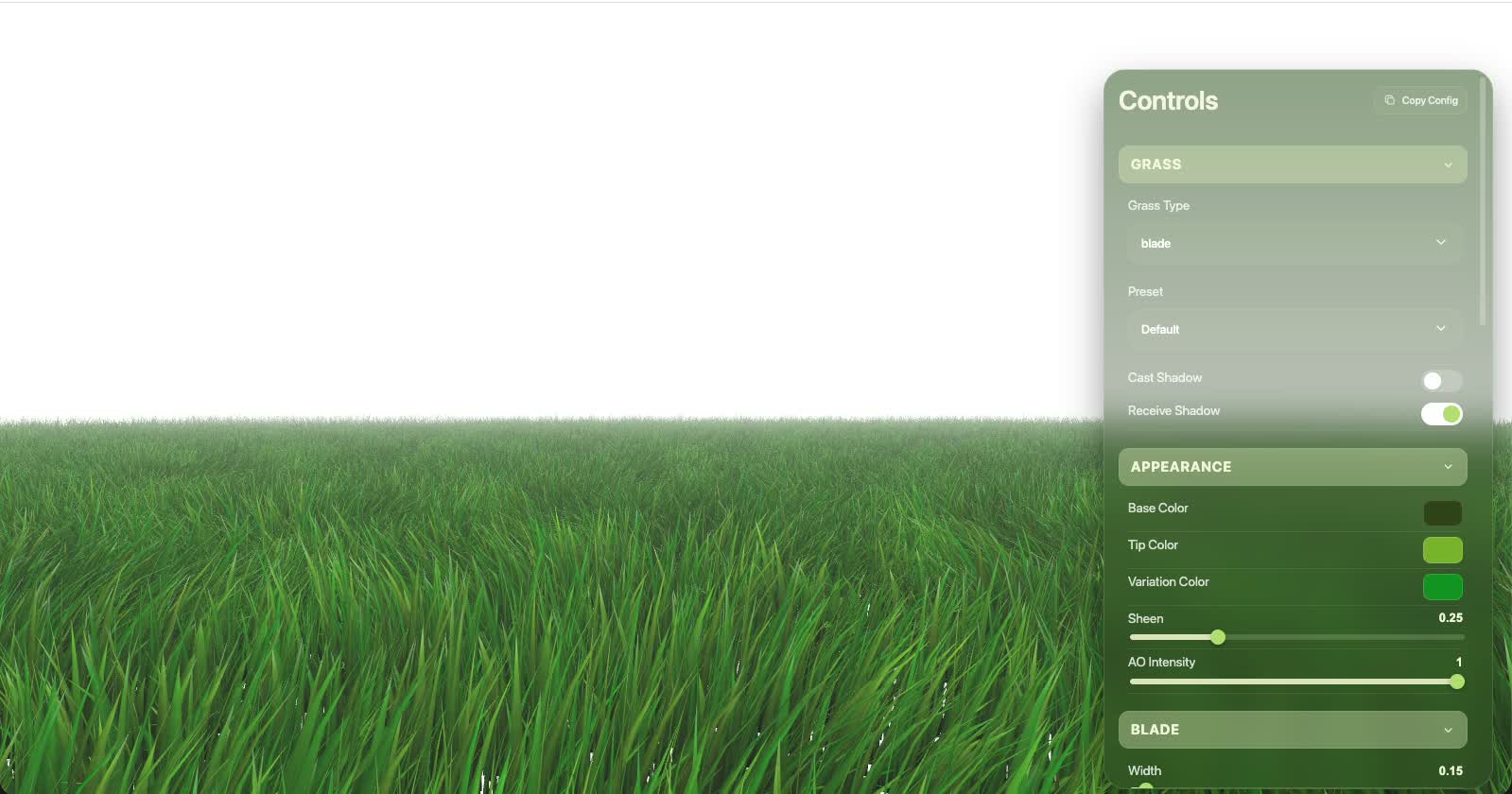 Screenshot of the Grassworks GUI showing the folder hierarchy and a tuned grass configuration.