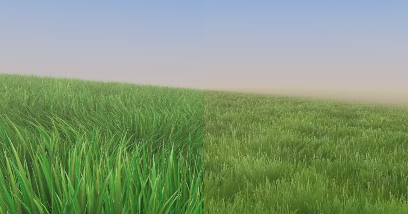 Visual comparison of Blade and Billboard grass in a matching terrain scene.